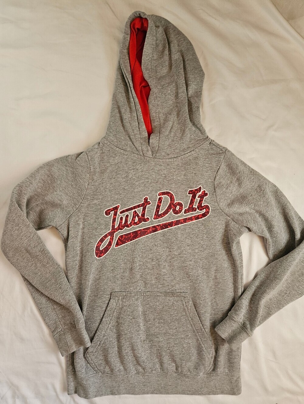 Nike Girls Gray & Red Writing "Just Do It" Long Sleeve Pullover Hoodie Size Med